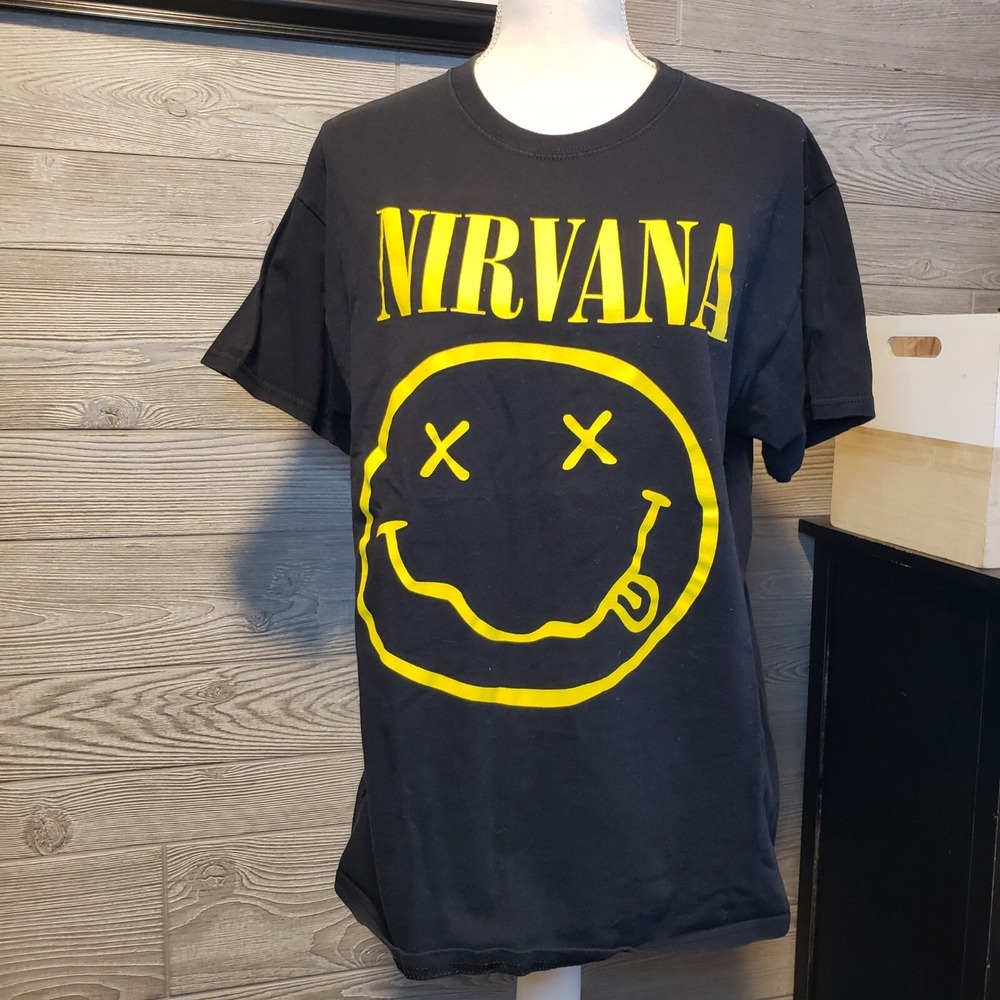 Nirvana Smiley Face Graphic T-Shirt Mens Large Black Yellow Band Tee 100% Cotton